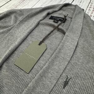 AllSaints Nomo Open Cardigan Men’s XL Grey Marl Rib Knit Ramskull Logo NWT